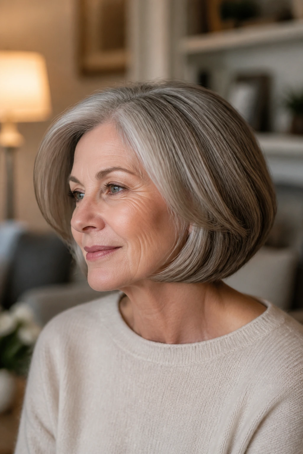 Three-quarter profile of a woman with a tucked-under bob and neatly tucked ends.