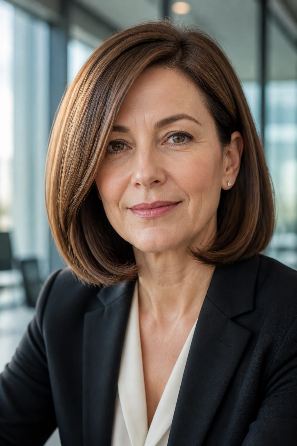 Close-up portrait of a real woman with a tucked-under shoulder-length bob in polished finish
