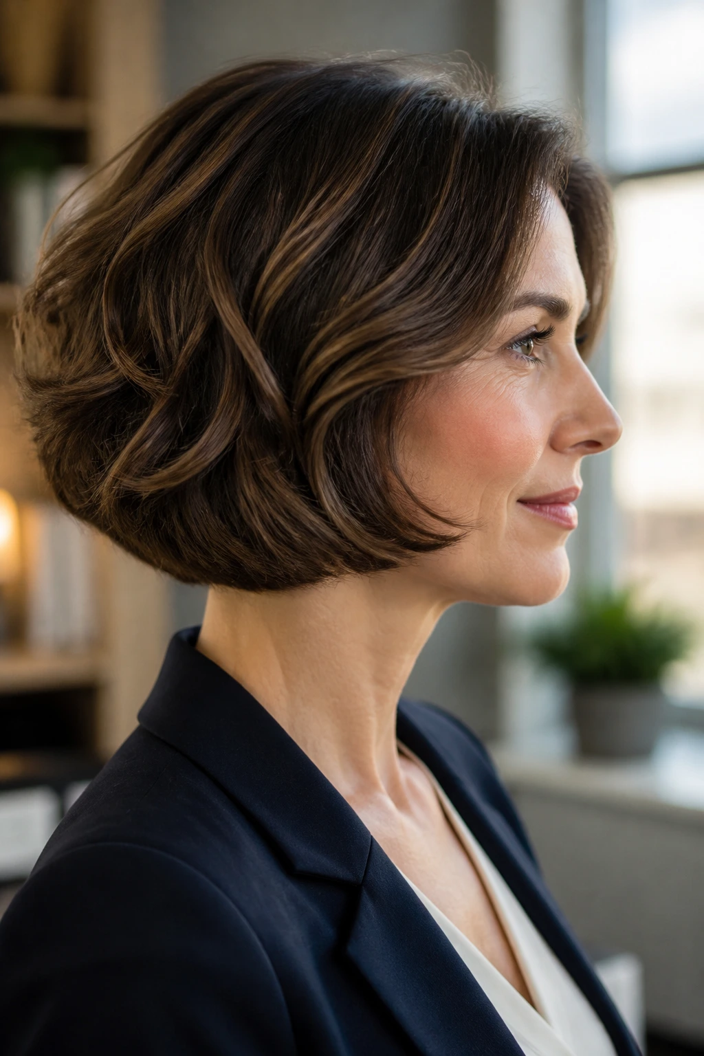 Side-profile of real woman with tucked-under bob showing inward-curl ends