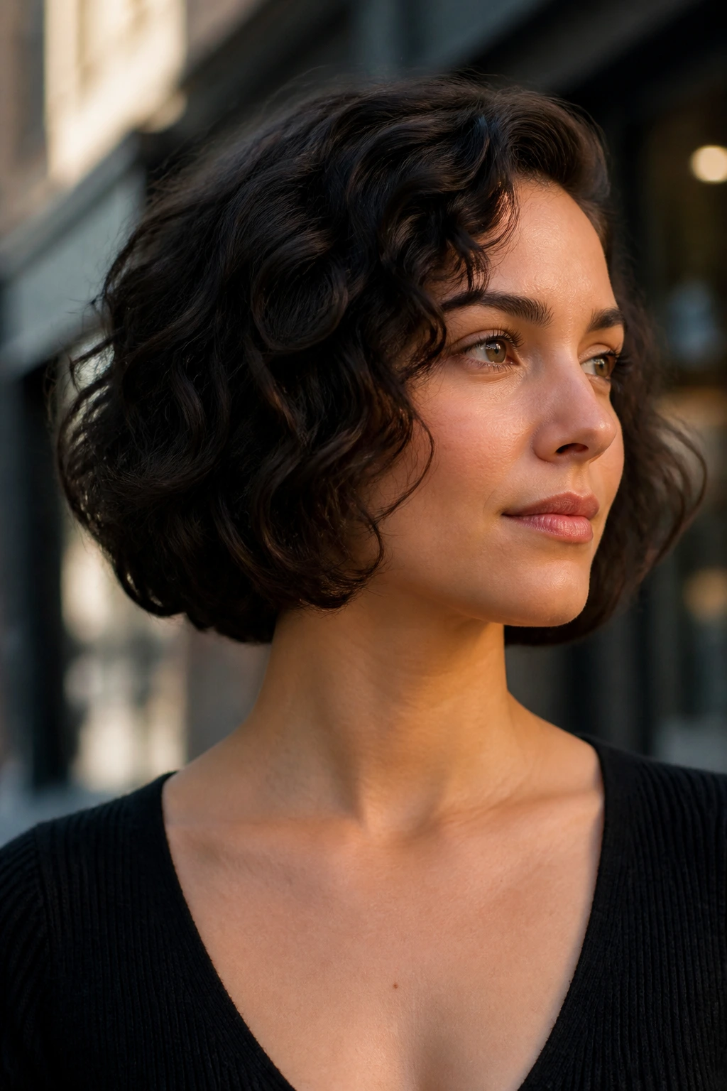 Close-up of a real woman with a tucked-under bob and smooth ends in daylight.