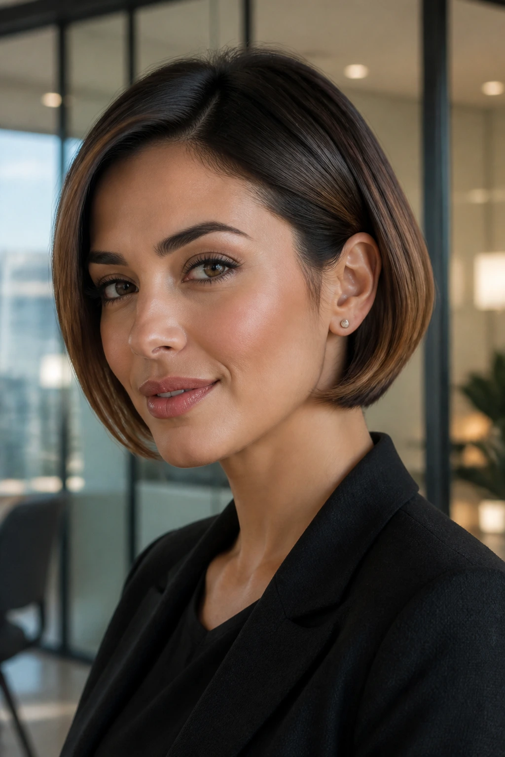 Real woman with tucked-under bob behind ear in soft indoor light