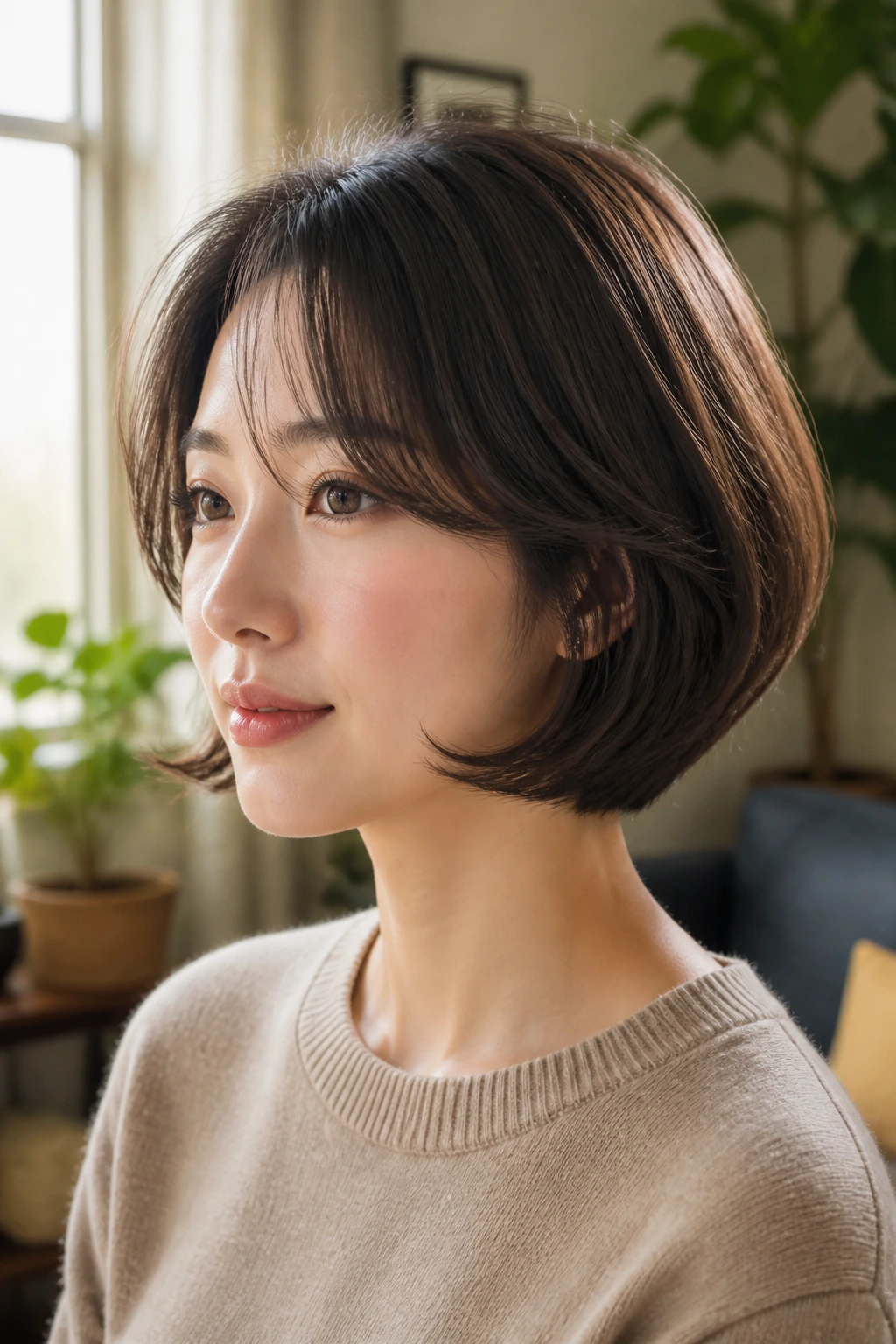 Close-up portrait of a woman with a tucked-under Korean bob on wavy hair and side-swept bangs in a cozy living room.