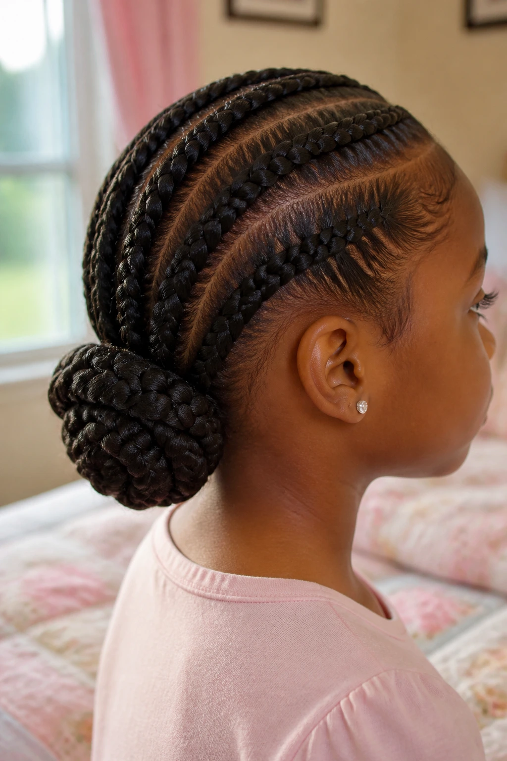 Close-up of a real child with a tucked-under braided bun at the nape