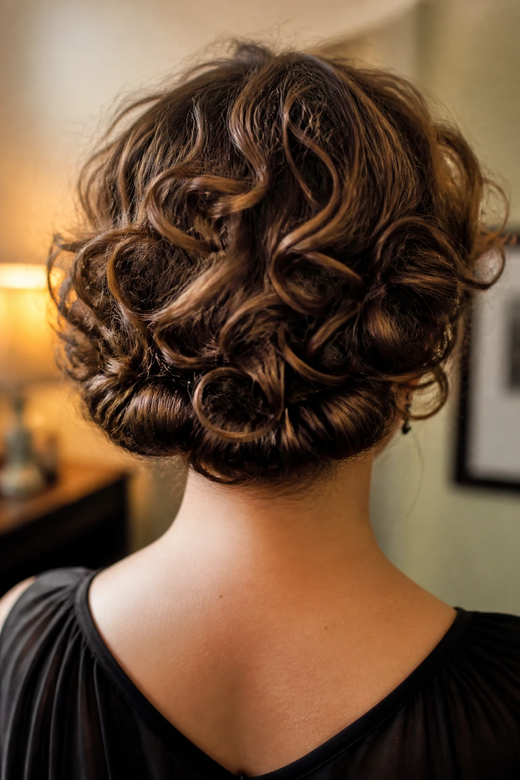 Back view of real woman with tucked-under curly roll at nape