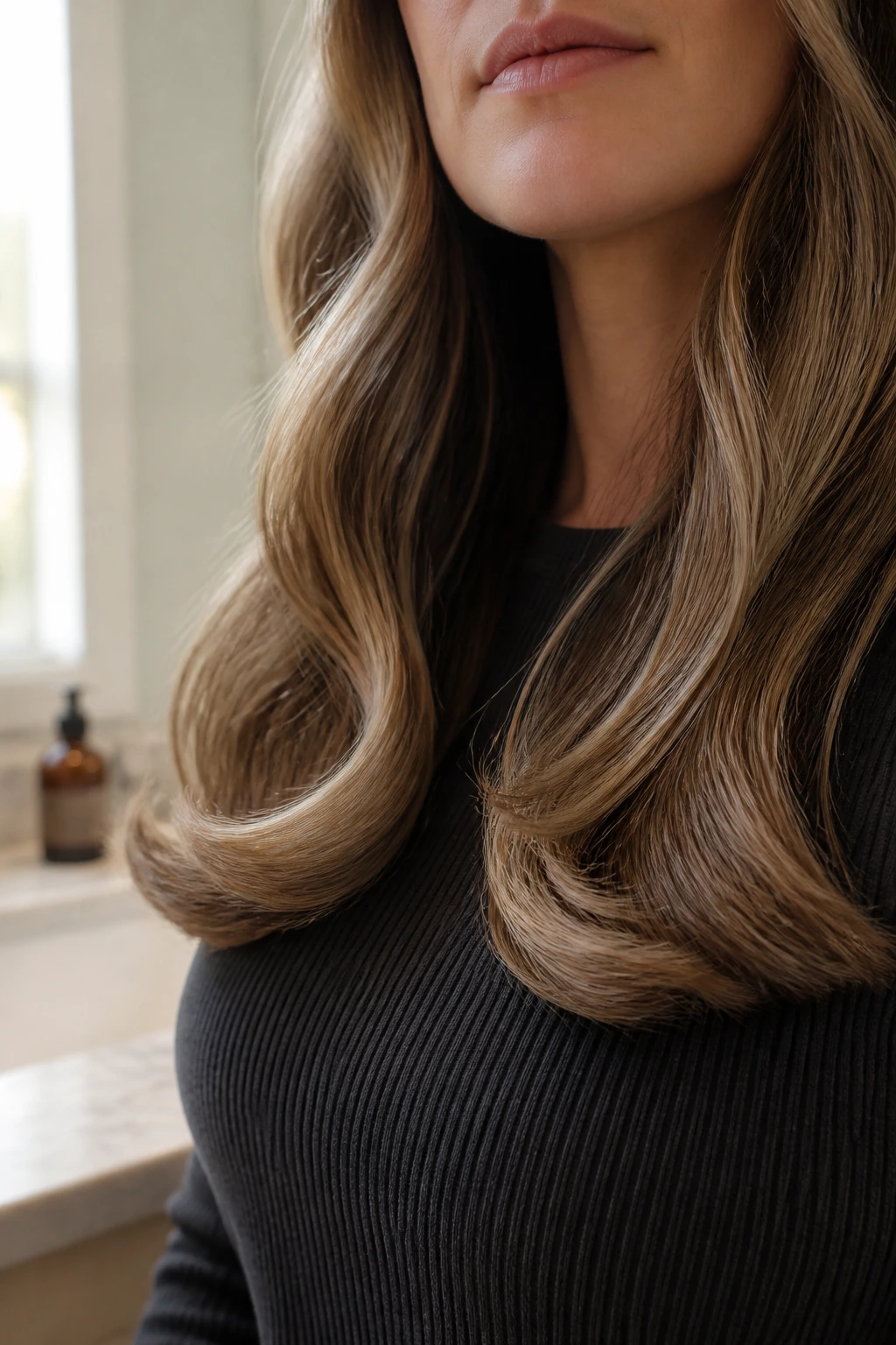 Close-up of a real woman's hair ends tucked under for a neat beachy finish.