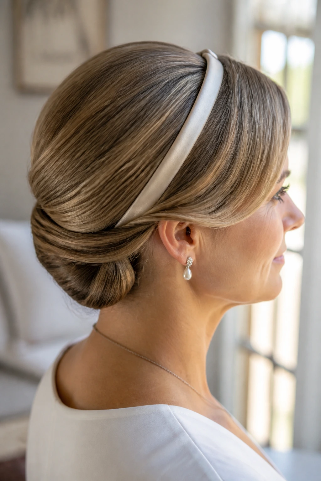 Profile of a woman wearing a slim satin headband with tucked-under rolled hair