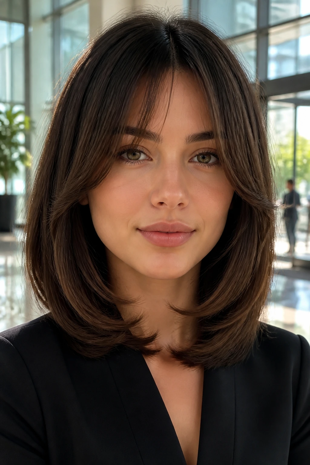 Close-up of real woman with tucked-under polished layers around the jaw.