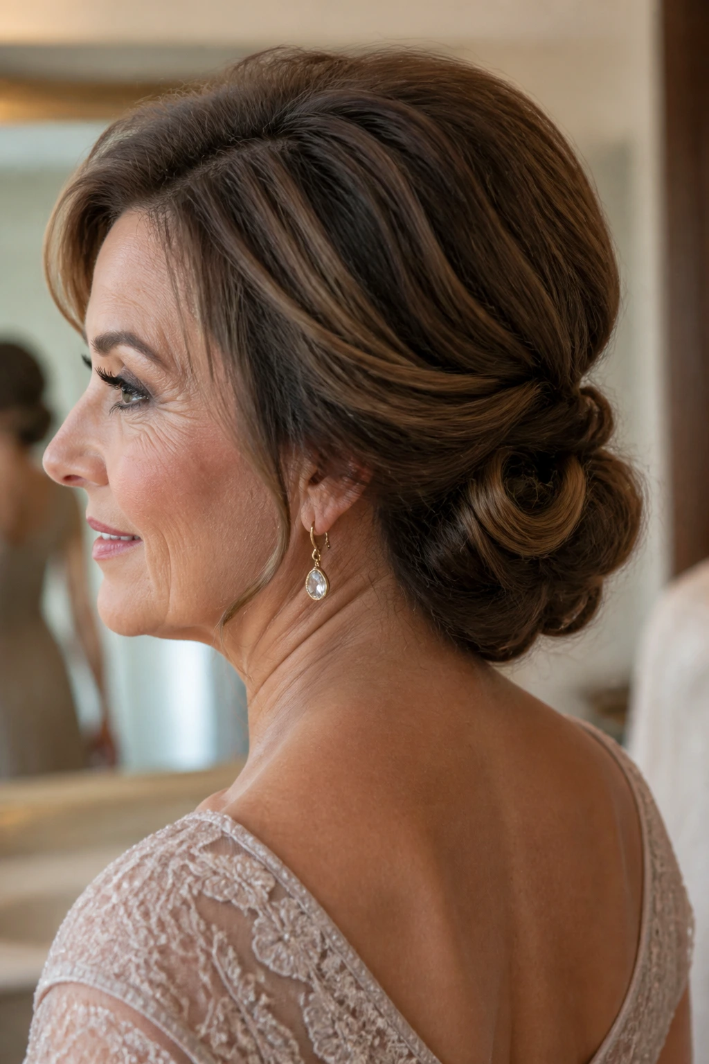 Close-up of a real woman with a tucked under roll hairstyle and subtle curl at back.