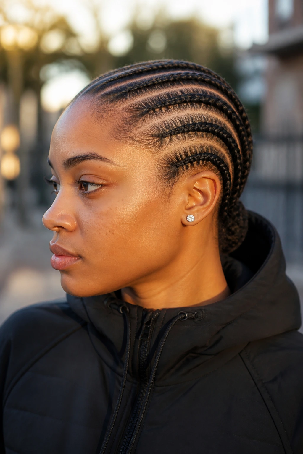 Close-up portrait of a real woman with tucked-under straight-back cornrows