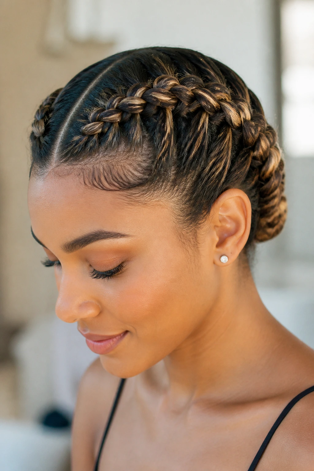 Close-up of a real person wearing tucked-under twin Dutch braids with babylights