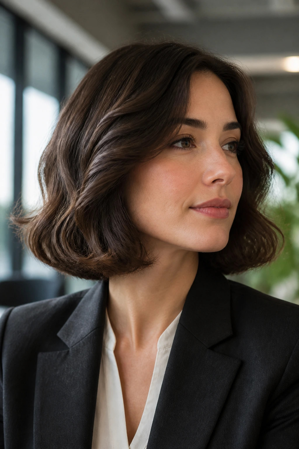 Close-up of a real woman with a tucked-under wave bob and rounded lower edge