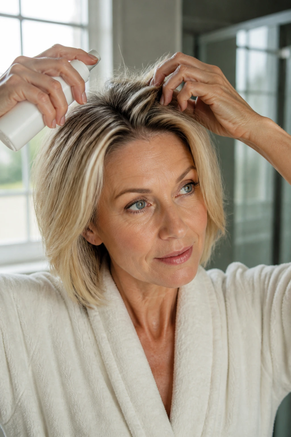 Close-up of a real woman styling hair in a bright bathroom for a Tuesday morning routine.