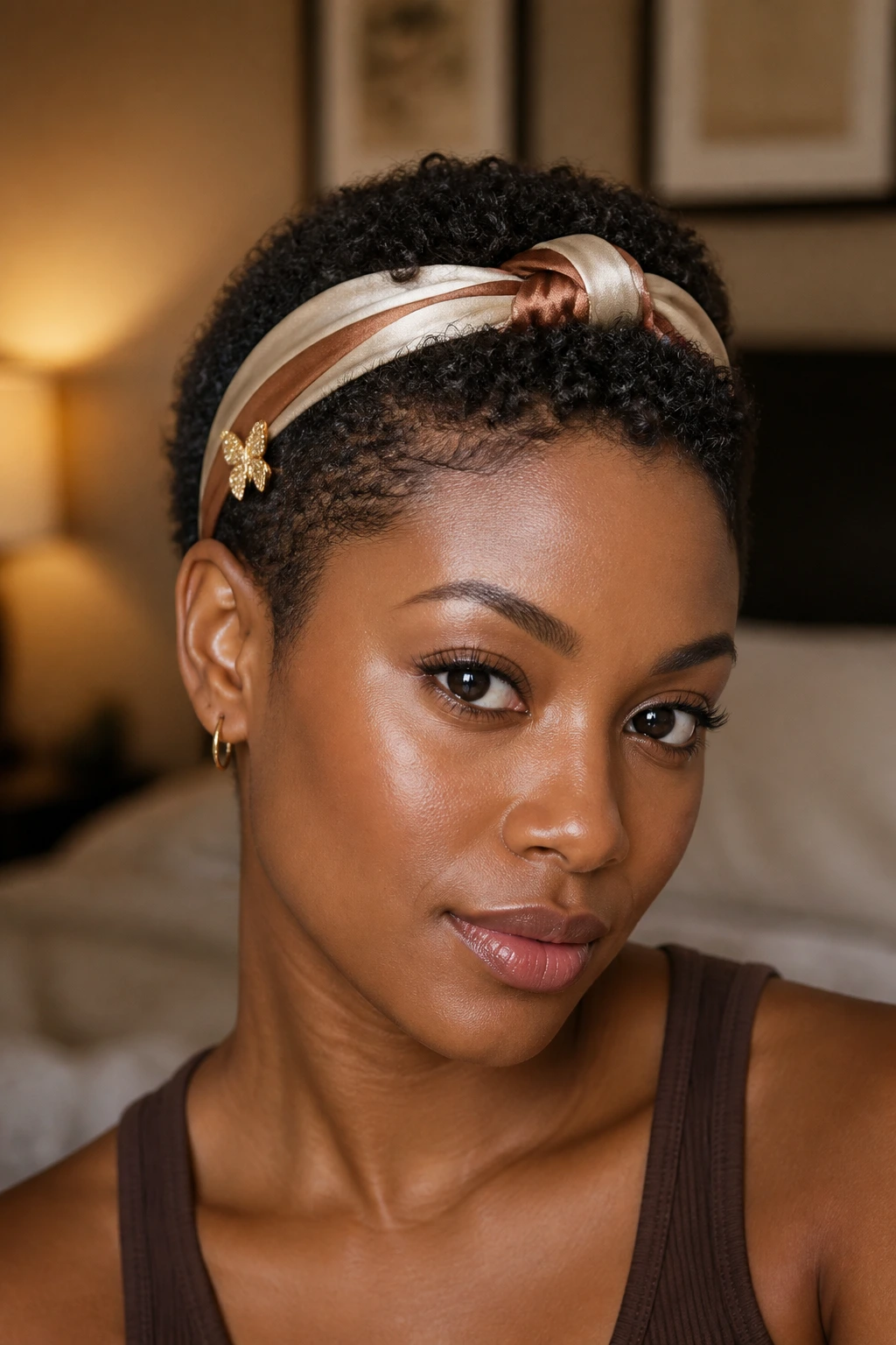 Close-up of a real person with a TWA styled with headband and clip