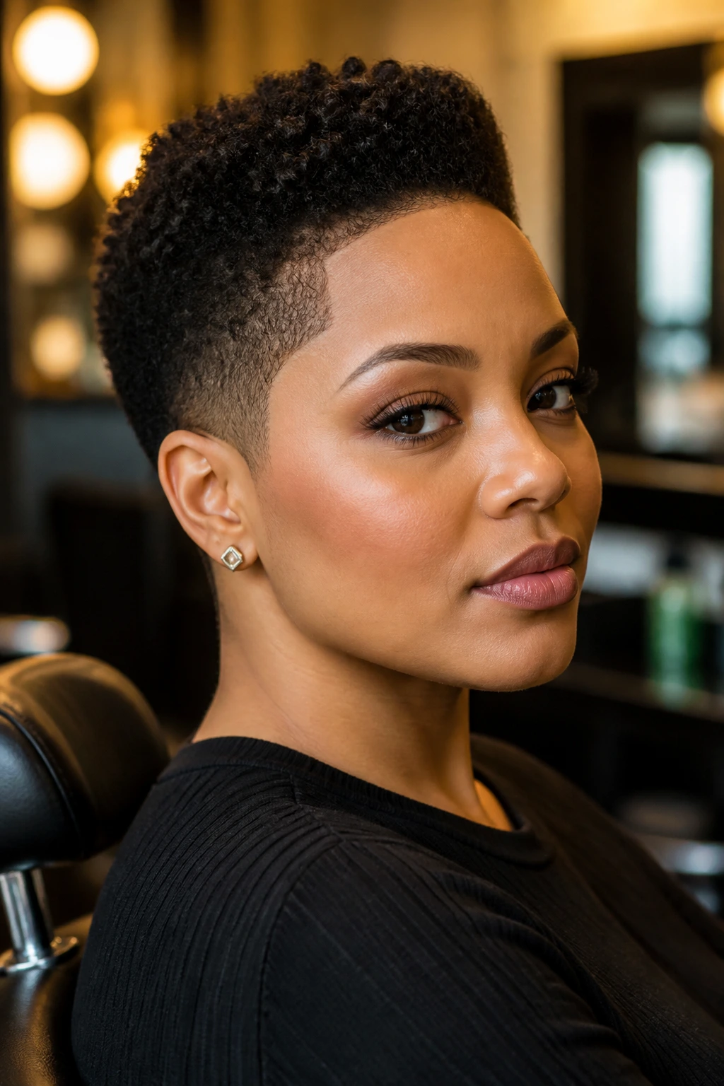 Close-up portrait of a real Black person with TWA and crisp shape-up