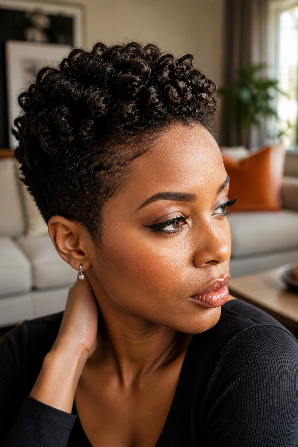 Close-up portrait of a real person with sculpted TWA curls in warm window light