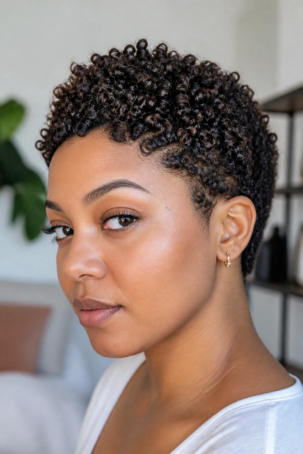 Close-up portrait of a real person with a TWA and sculpted finger coils.
