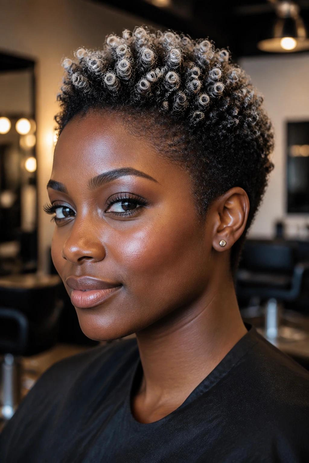 Close-up of a real person with a TWA and frosted platinum tips