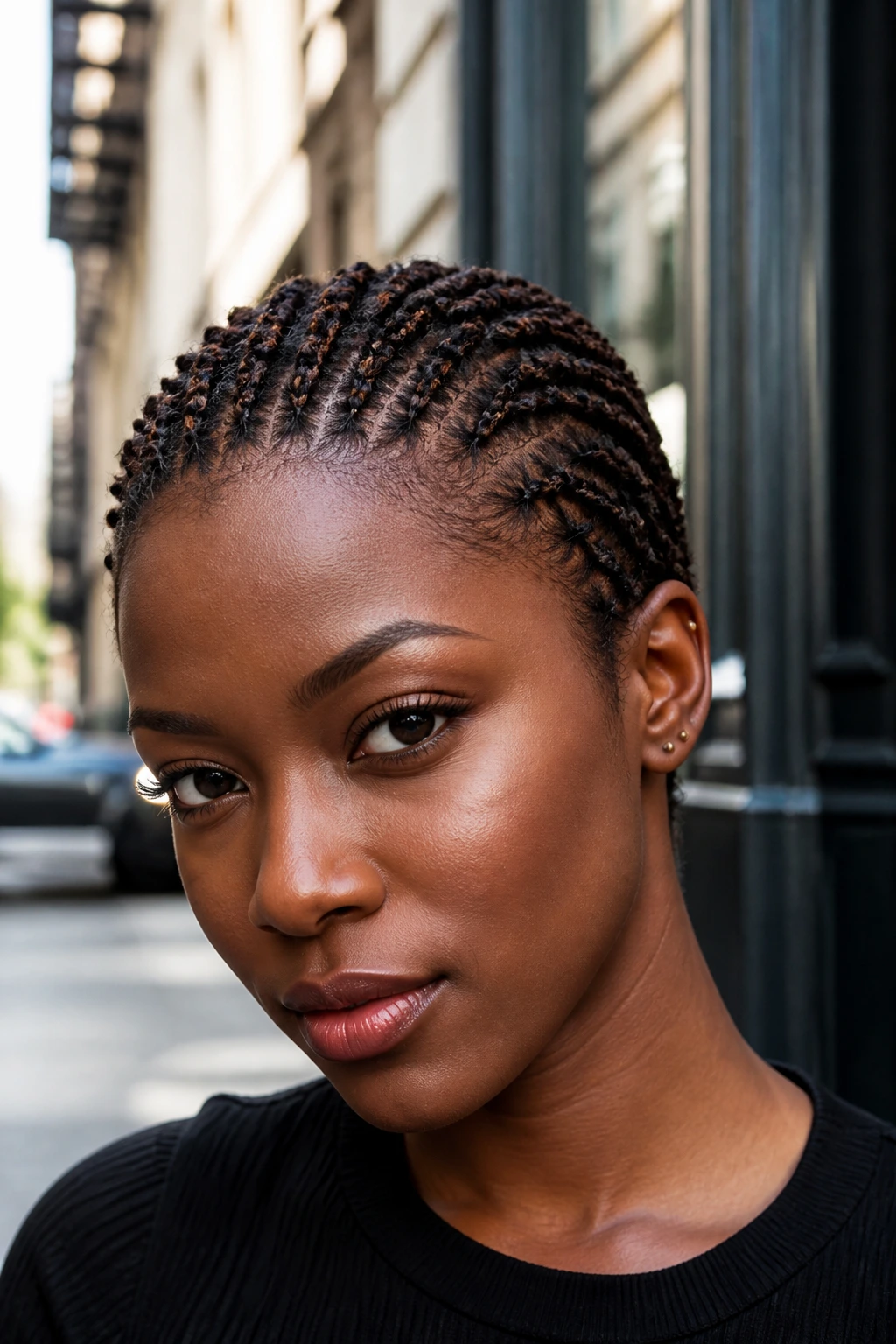 Close-up of TWA mini braids with espresso pieces on a real woman