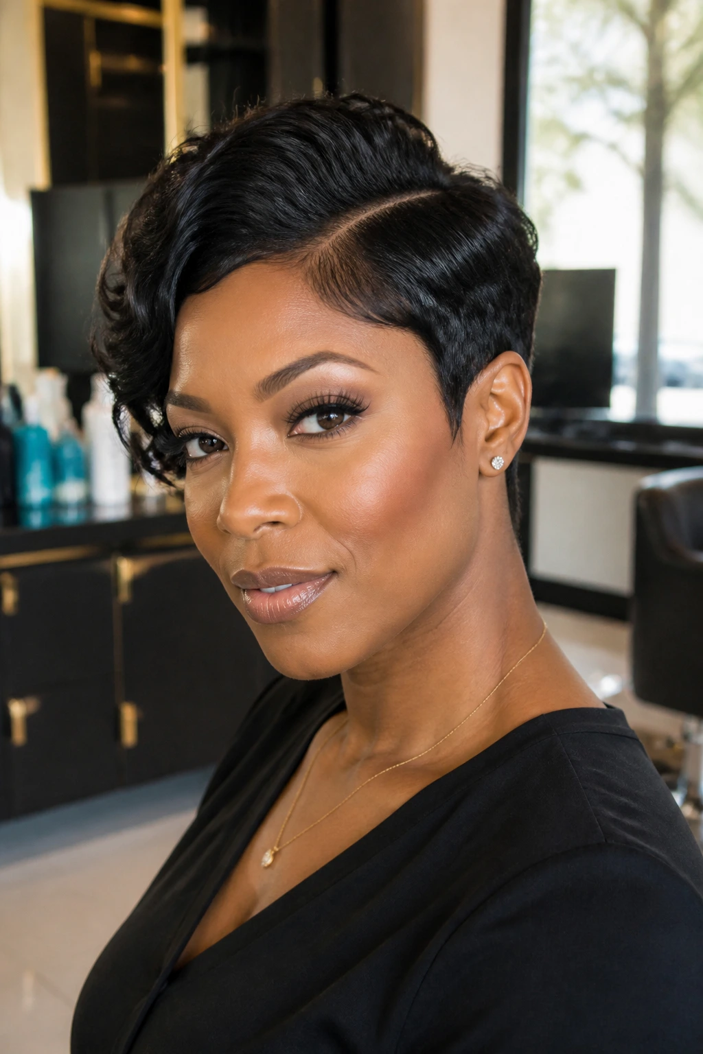 Close-up of a Black woman with a polished short haircut and side part in a salon