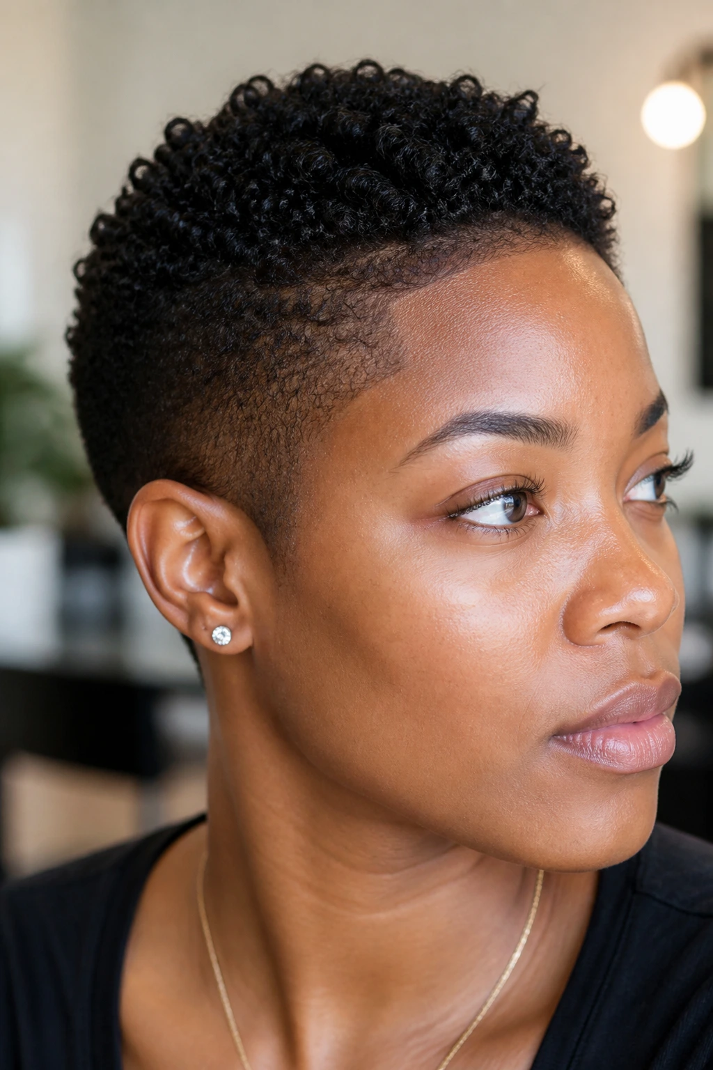 Close-up of a real person with a TWA haircut showing a clean shape-up