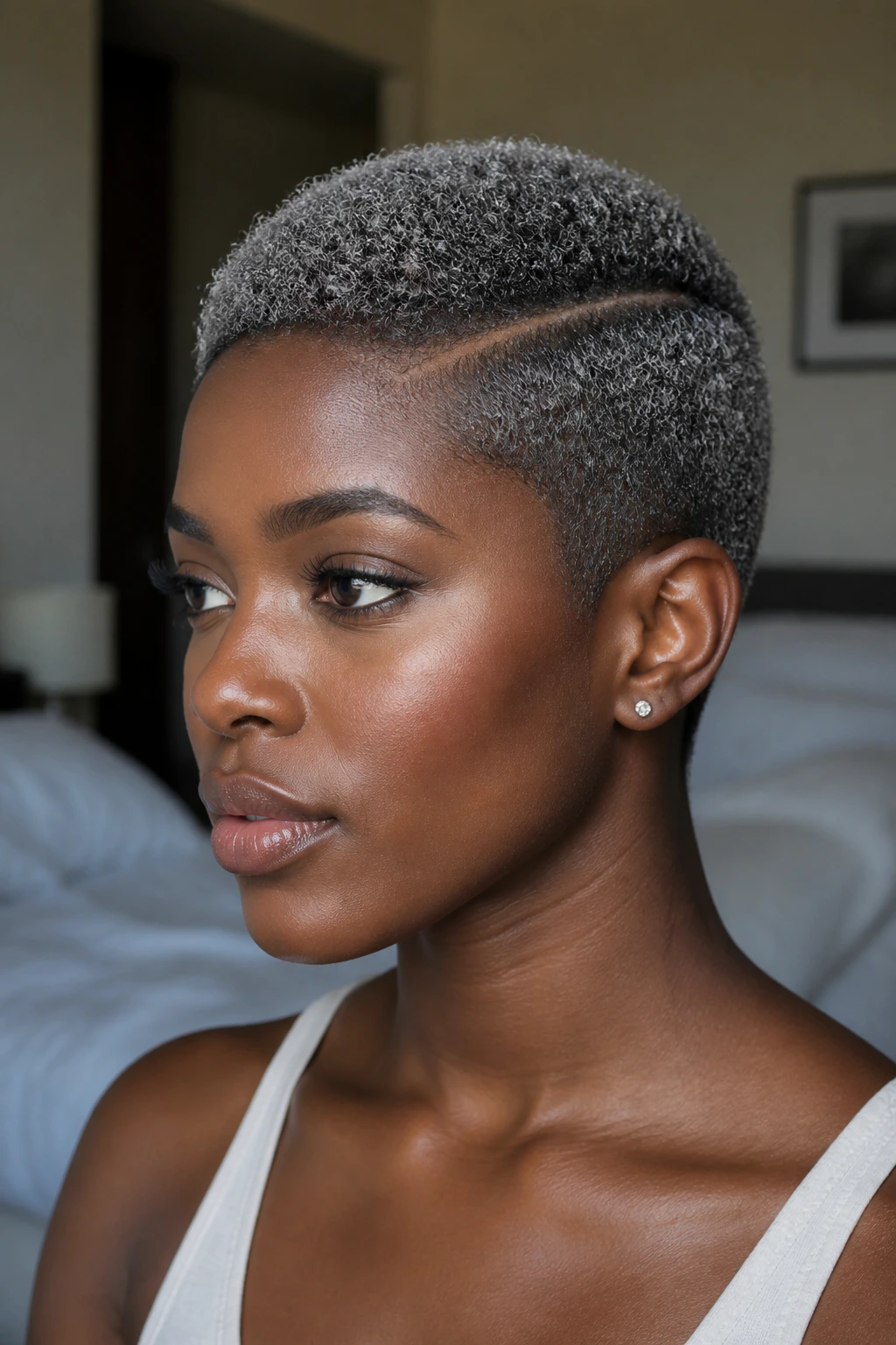 Close-up of a real person with a tiny afro showing a silver glaze and sculpted side part
