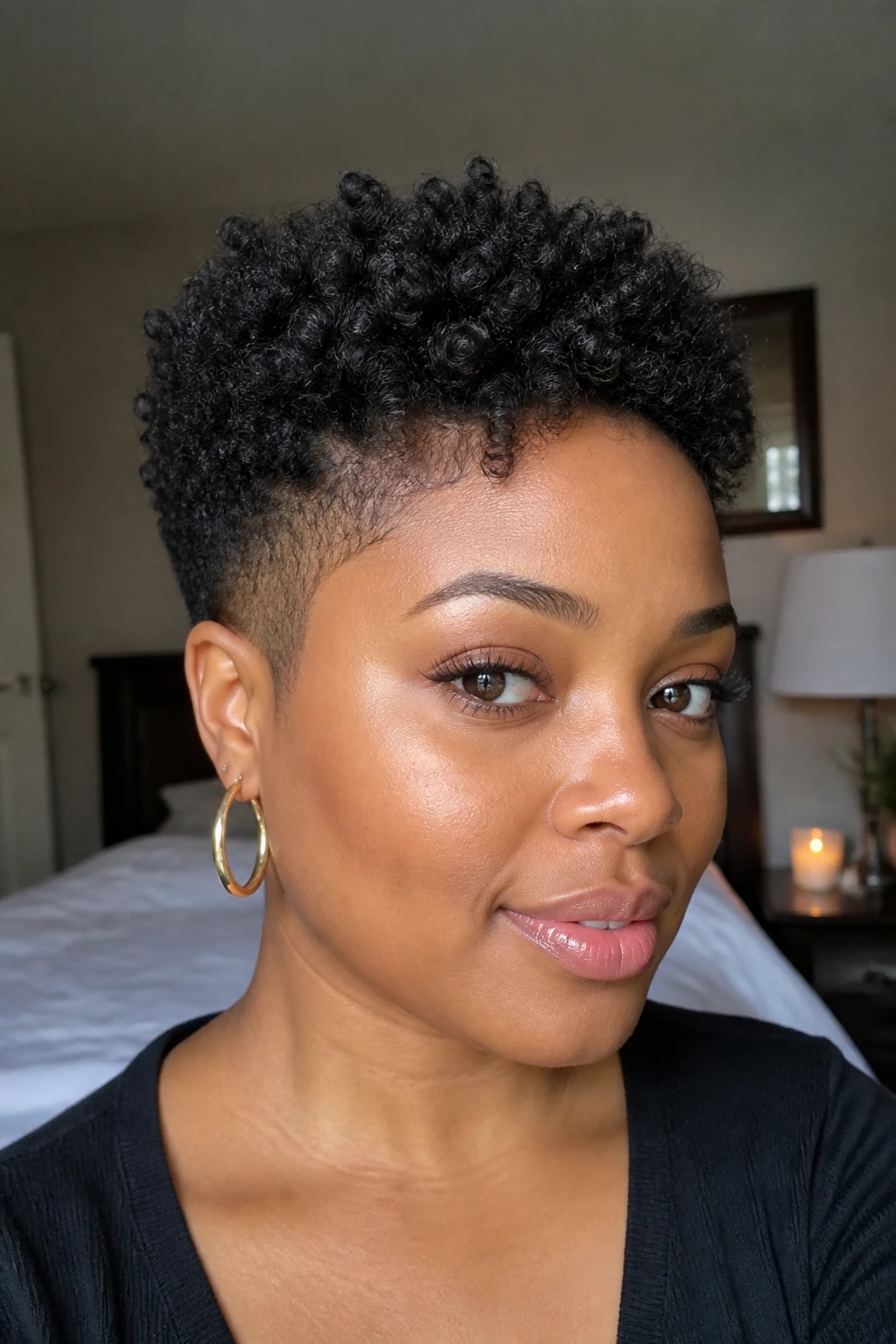 Close-up portrait of a real woman with a tapered TWA and sponge coil texture on top.