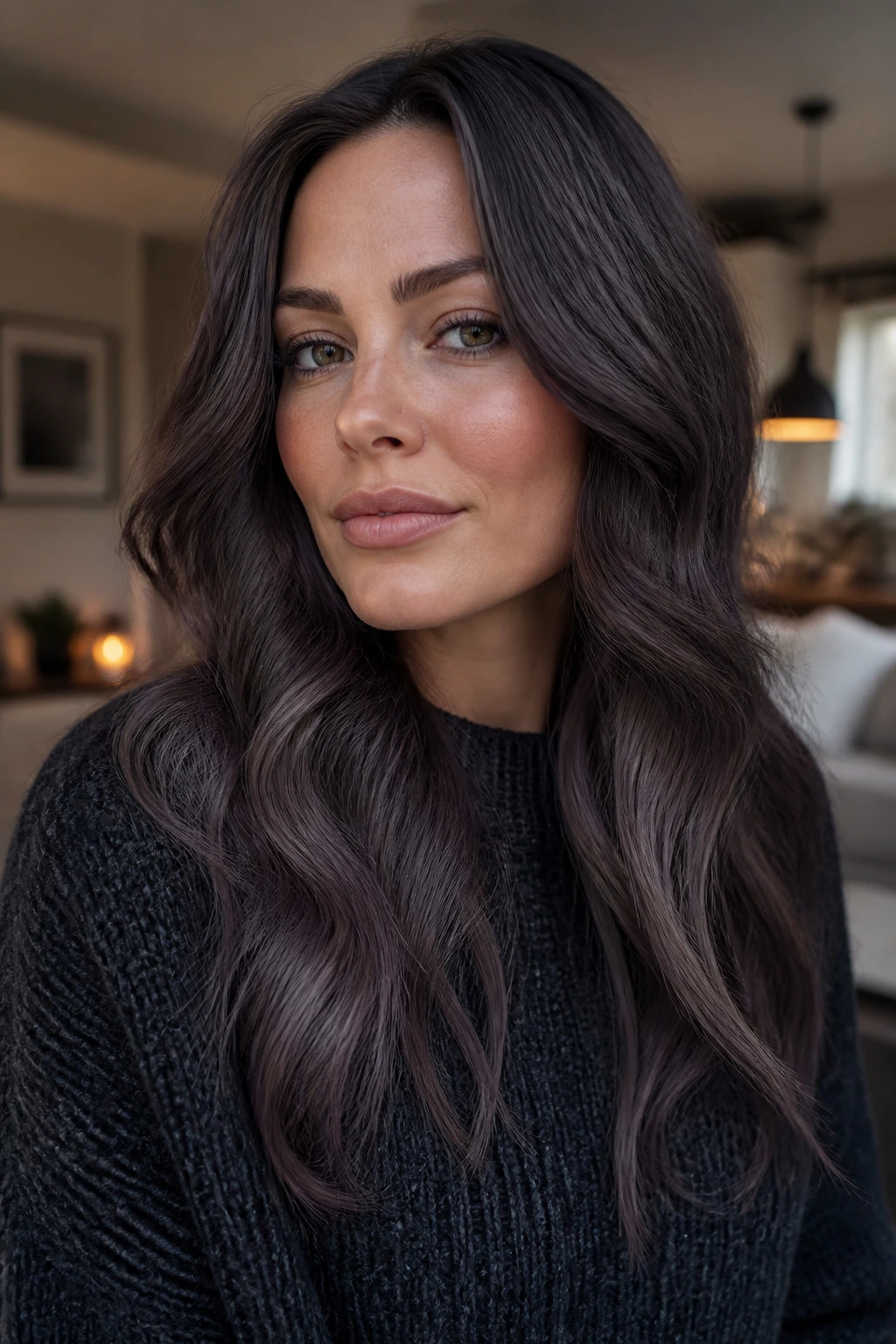 Close-up portrait of twilight brown hair with blue-violet sheen
