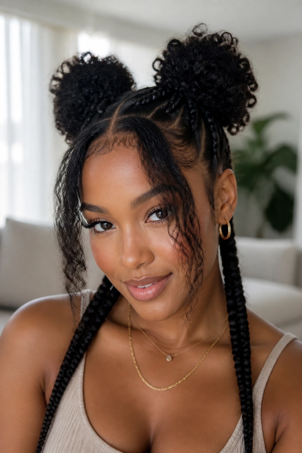 Real person with twin braids, curtain bangs, and crown puffs
