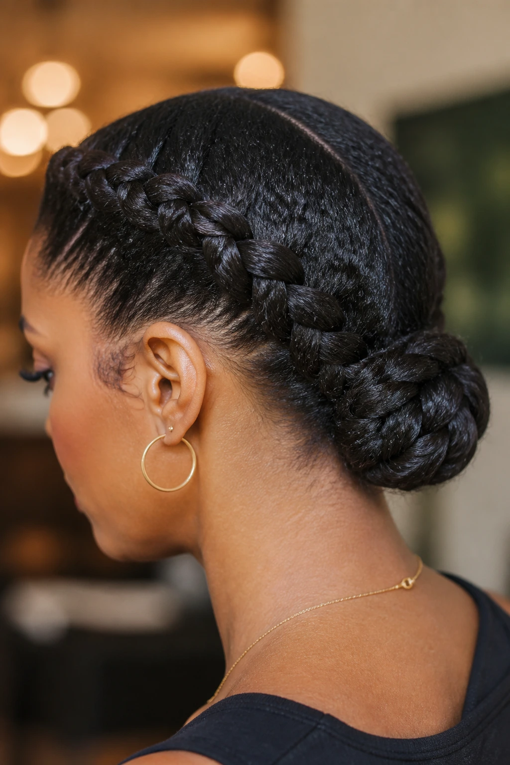 Close-up of a woman with twin braids folded into a single bun