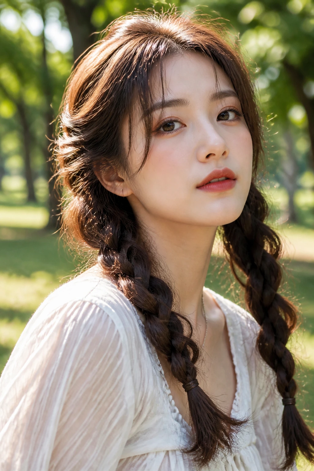 Close-up of a real woman with twin braids and pulled-out loops