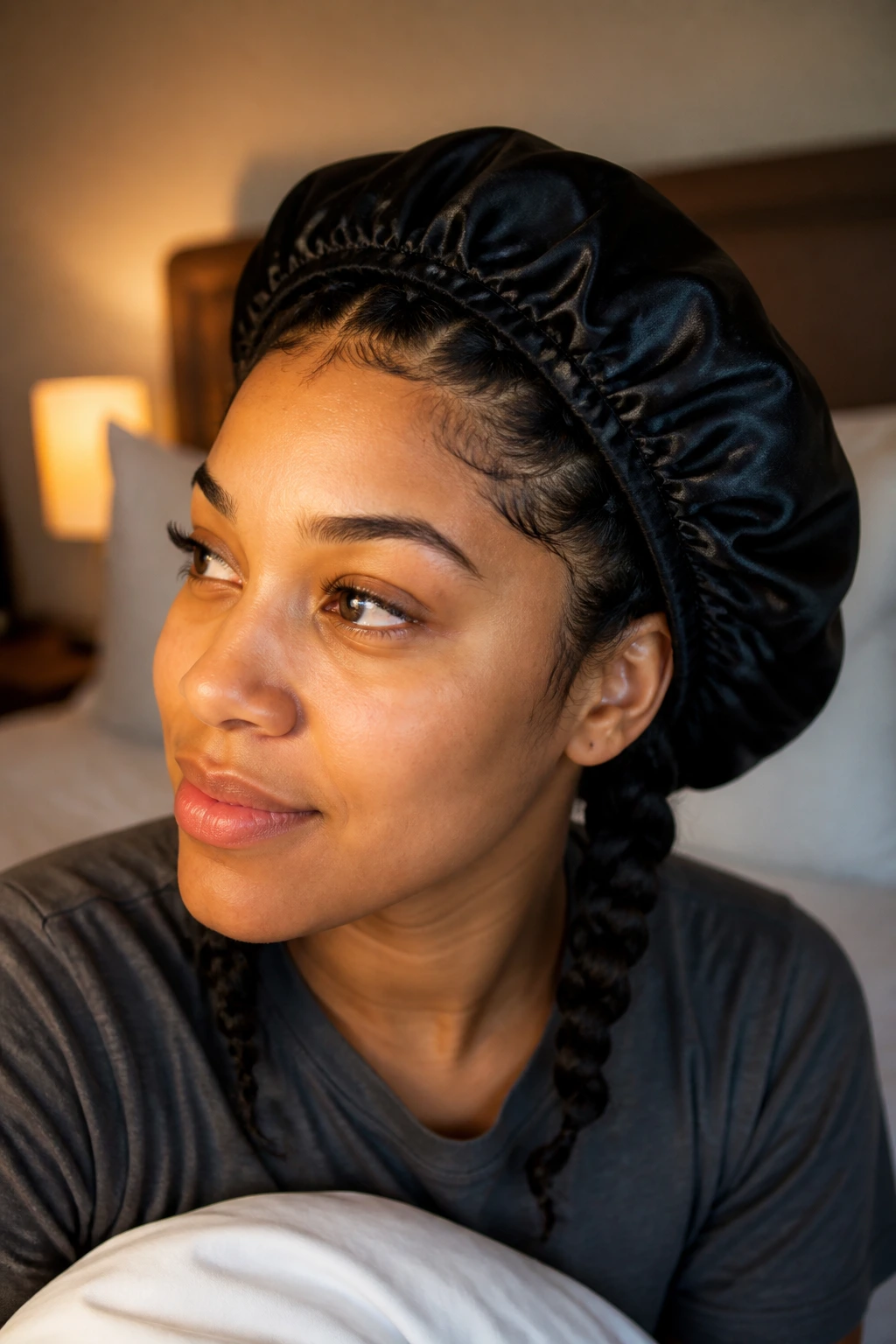 Real person with twin braids under a satin bonnet in a bedroom ready for night
