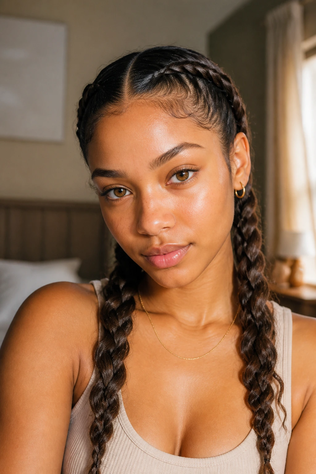 Close-up portrait of a real person with twin braids, natural window light in a cozy bedroom.