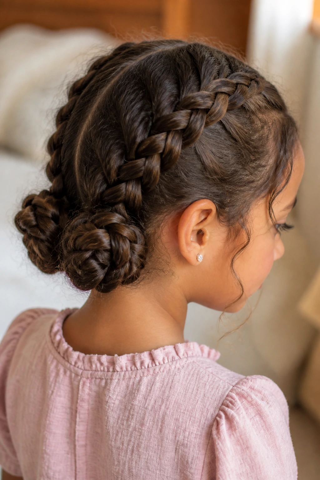 Close-up of child with twin braids into a rounded bun