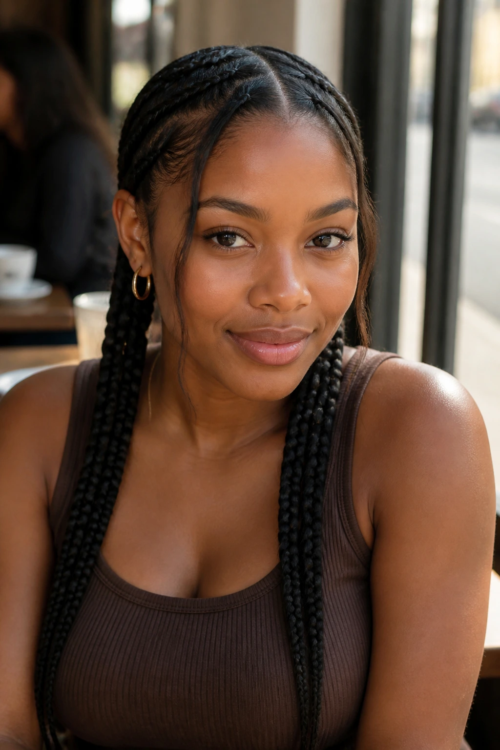 Two slim low braids with soft front pieces on a real person