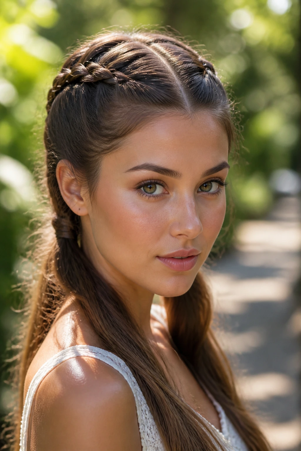 Close-up of a real woman with twin temple French braids