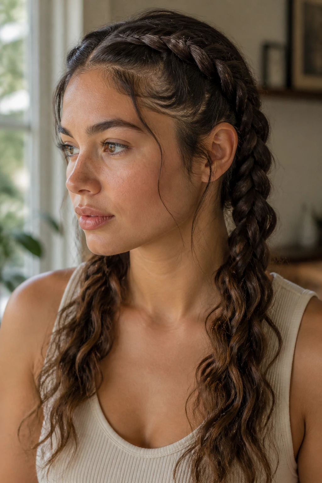 Real woman twin braids showing variation in tension for texture