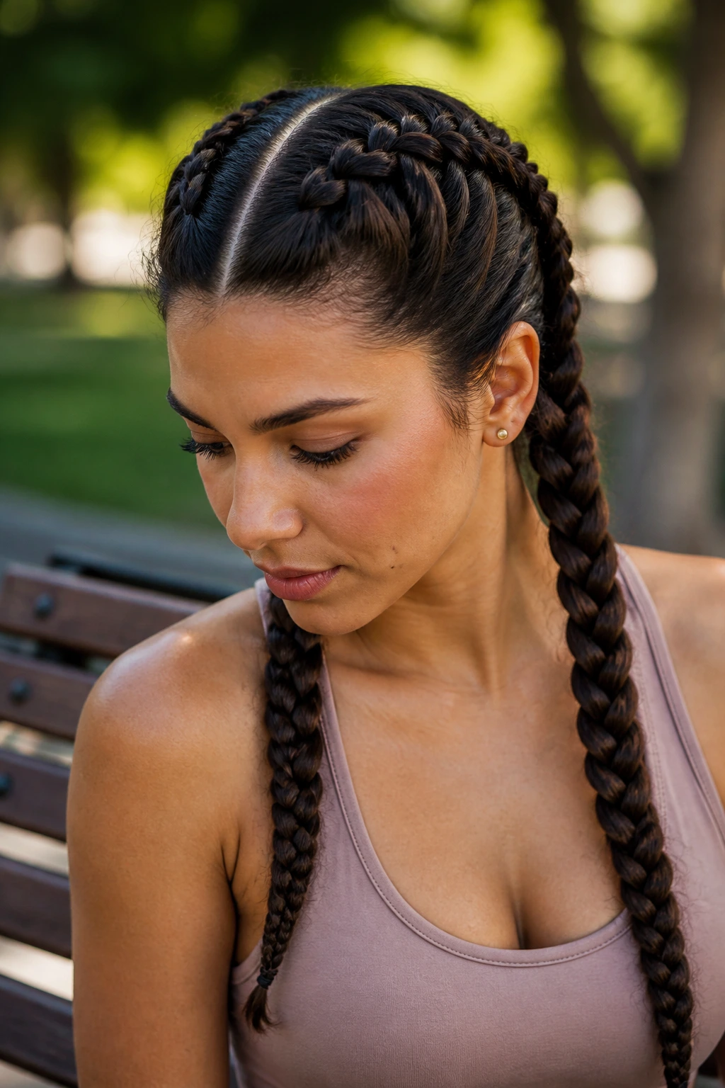 Close-up of twin Dutch braids with a clean middle part
