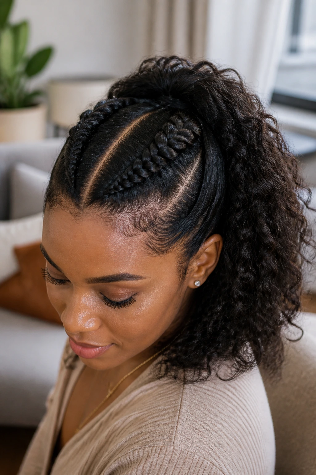 Close-up portrait of a Black woman with twin Dutch braids and loose crown volume