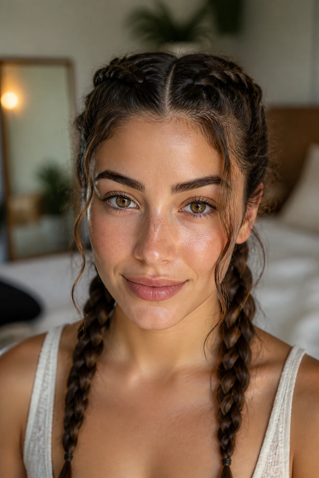 Close-up of a real woman with twin french braids on wavy hair in natural window light