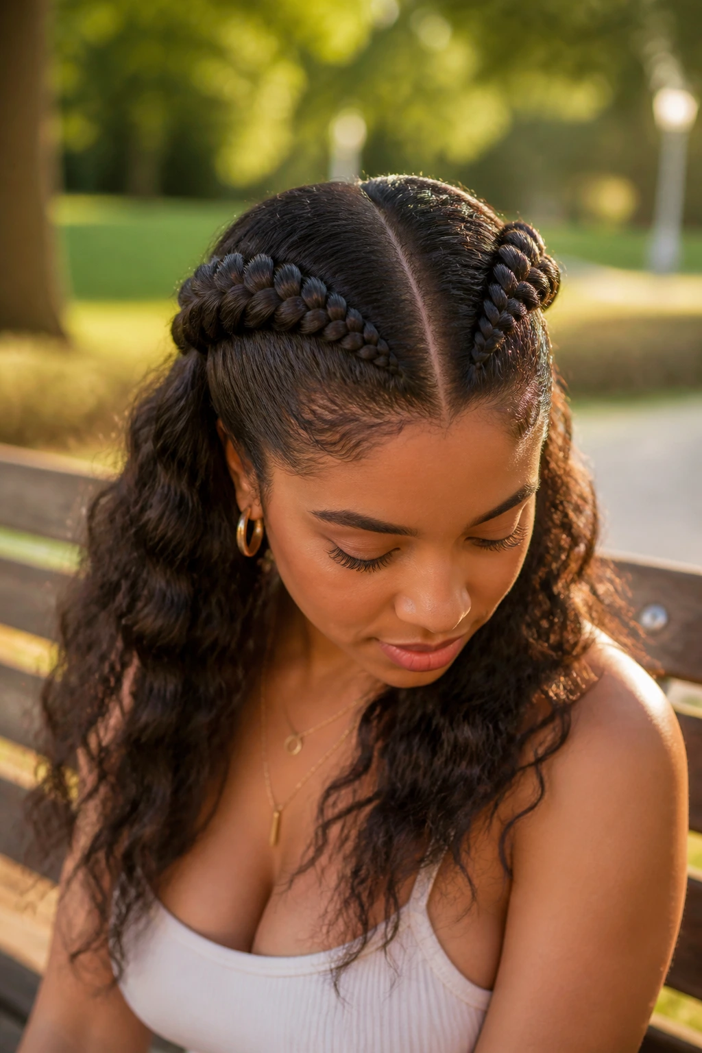 Close-up portrait of a real woman with twin halo braids and center seam