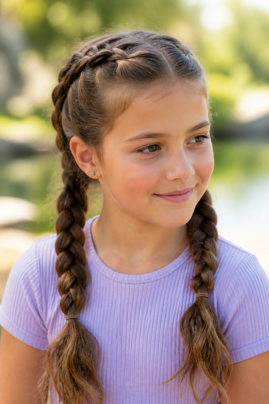 Child with twin low French weave pigtails in a sunny outdoor setting