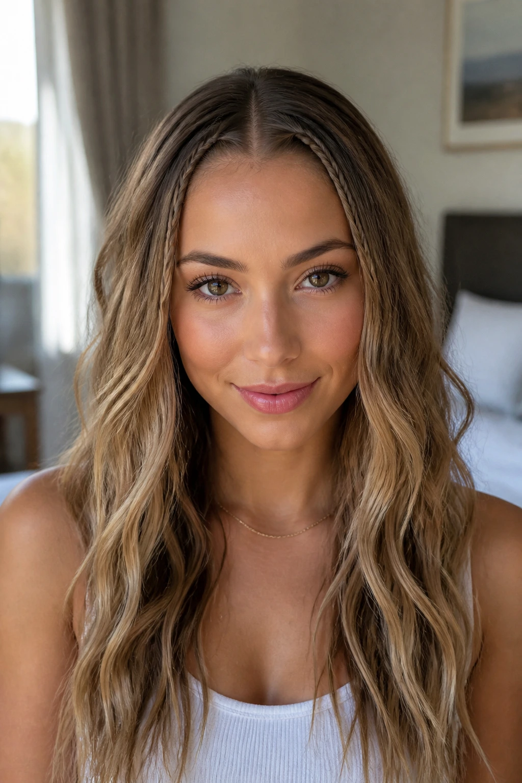 Front portrait of a real woman's twin mini braids at the hairline