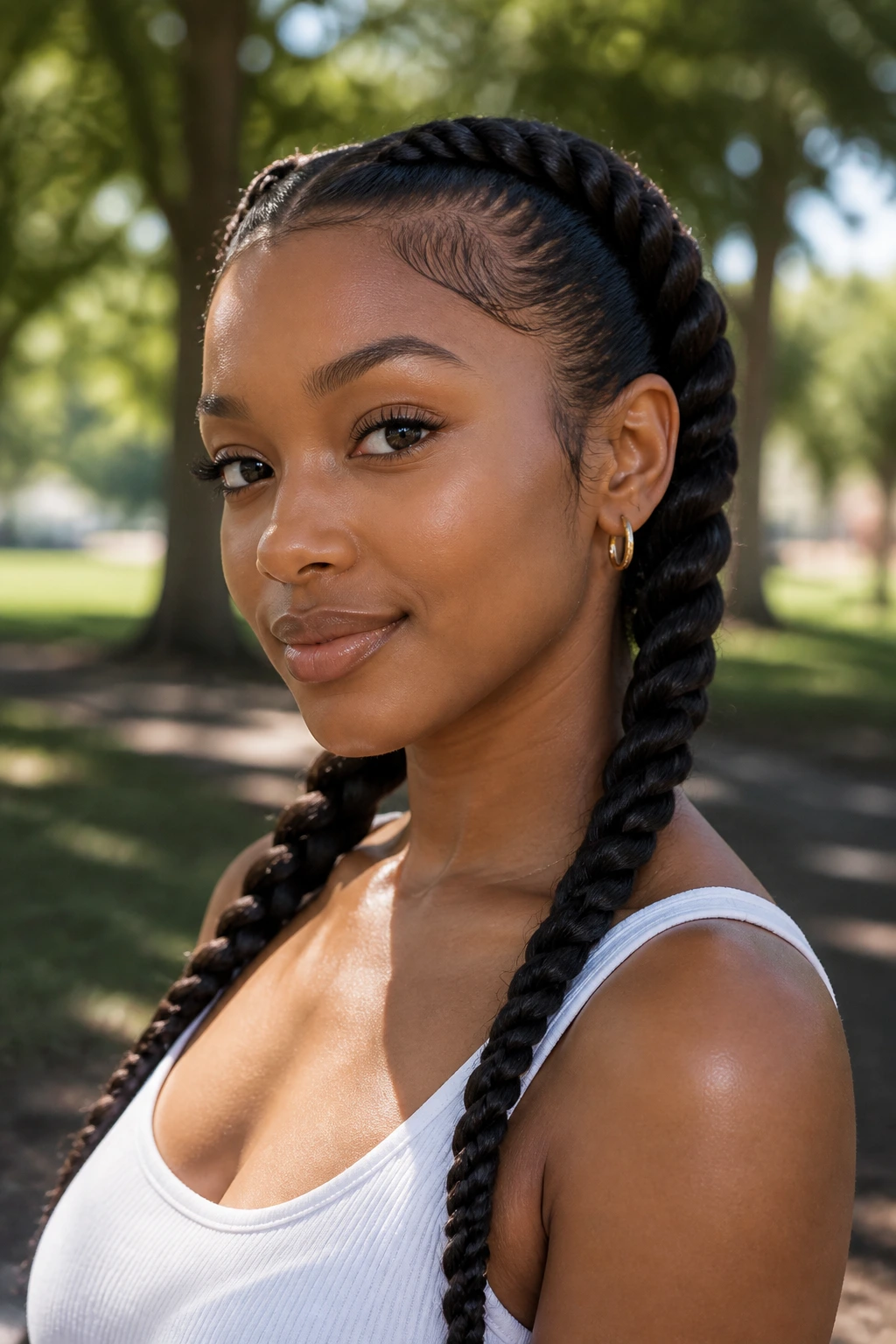 Close-up of real woman with twin rope braids twisting along the sides of her head