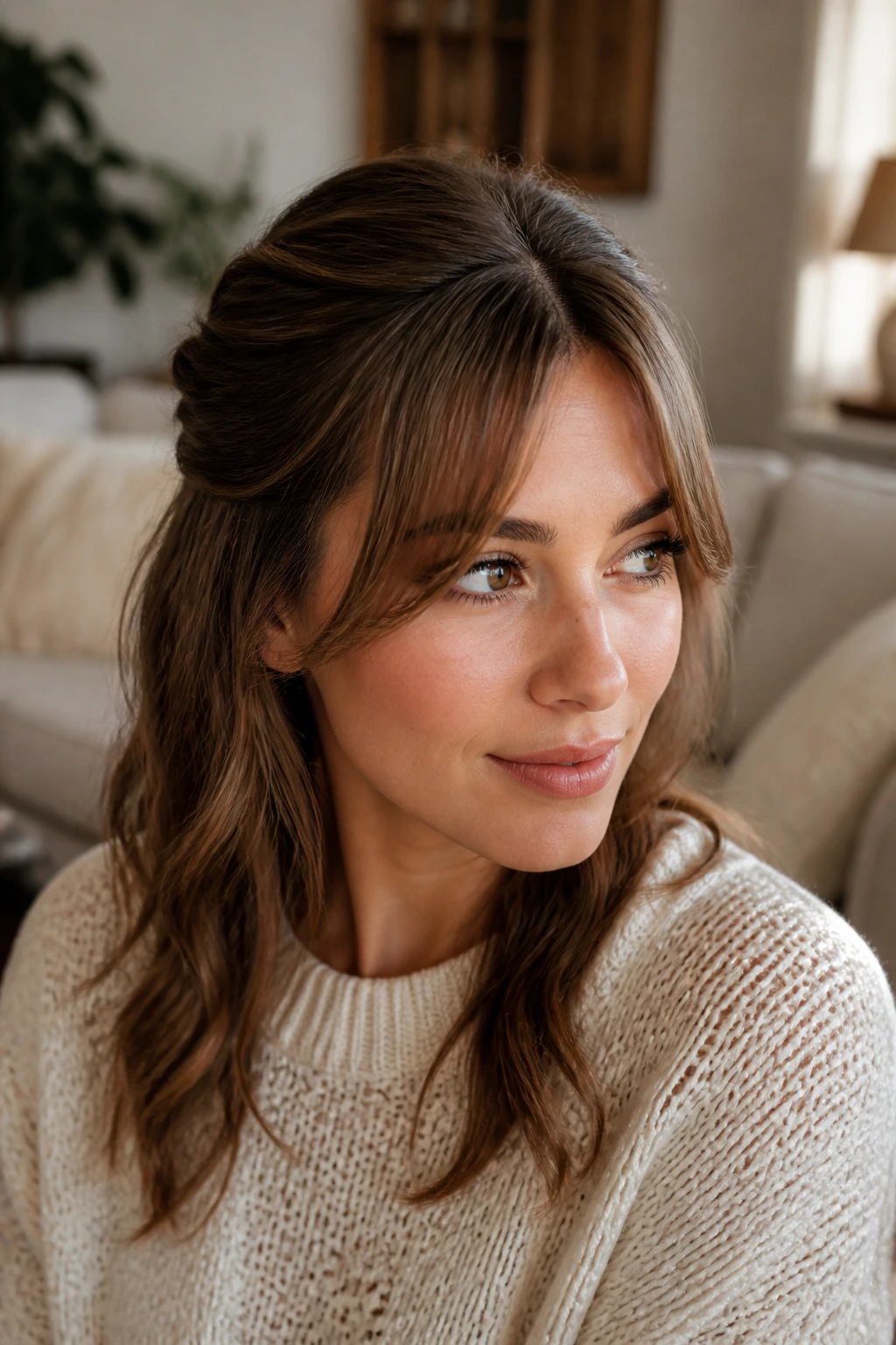 Real woman with twist-back crown and curtain bangs in a warmly lit living room.