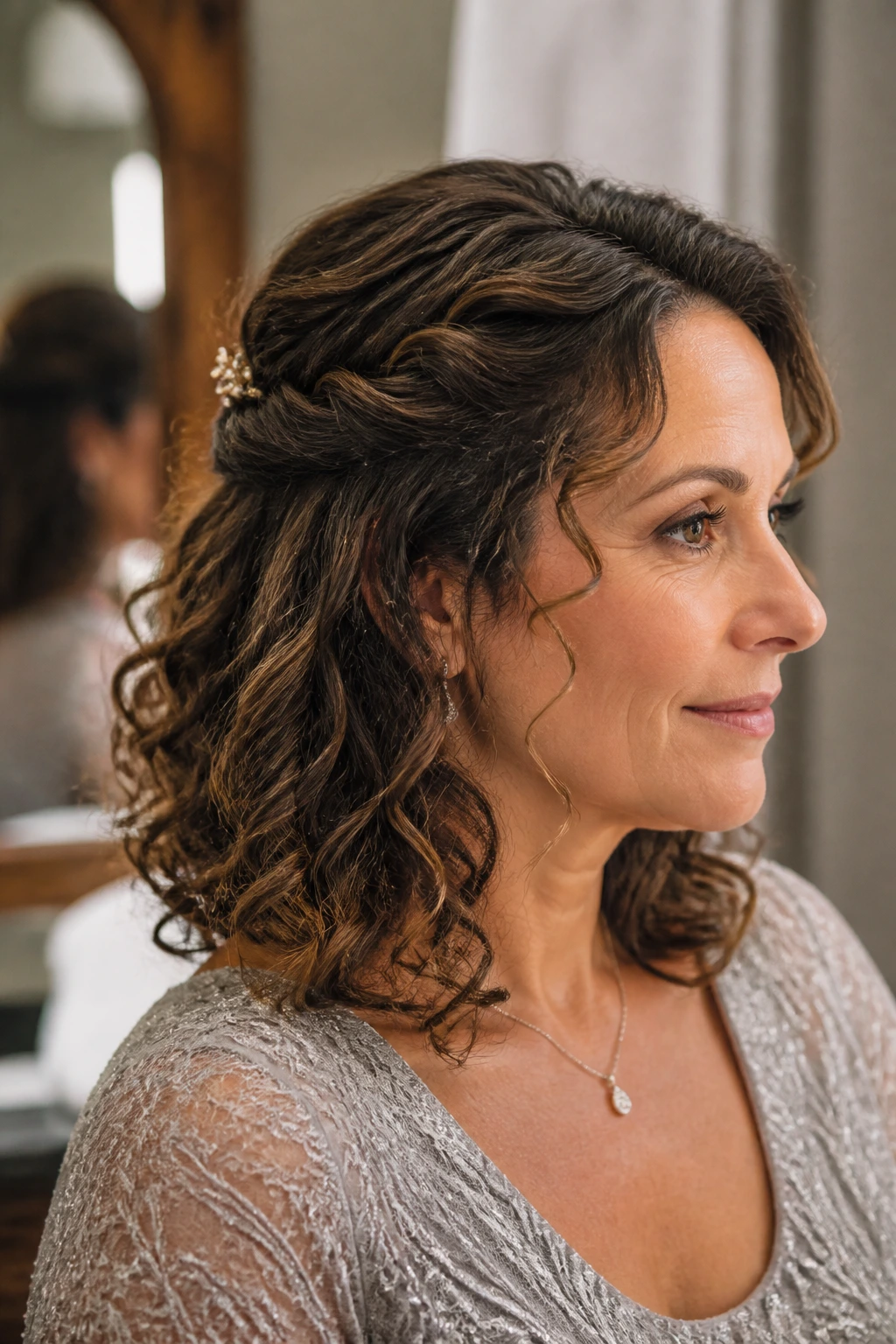 Close-up of shoulder-length curls with twist-back hairstyle