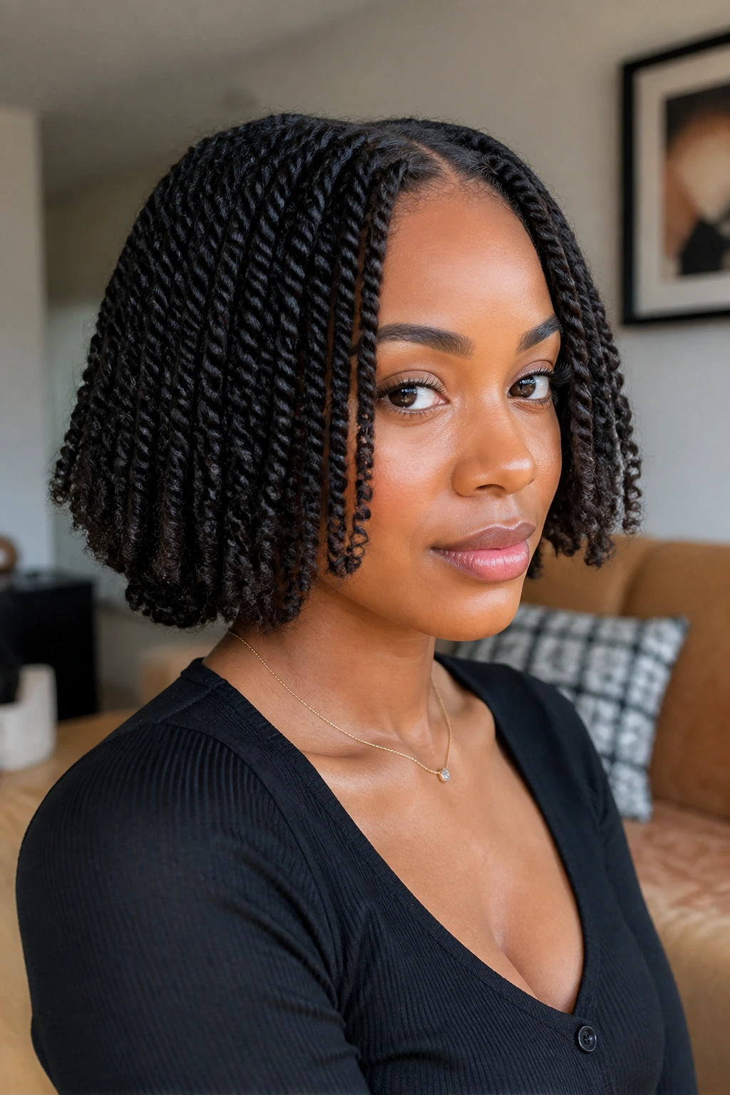 Close-up of a real woman with jaw-length blunt-twist bob.