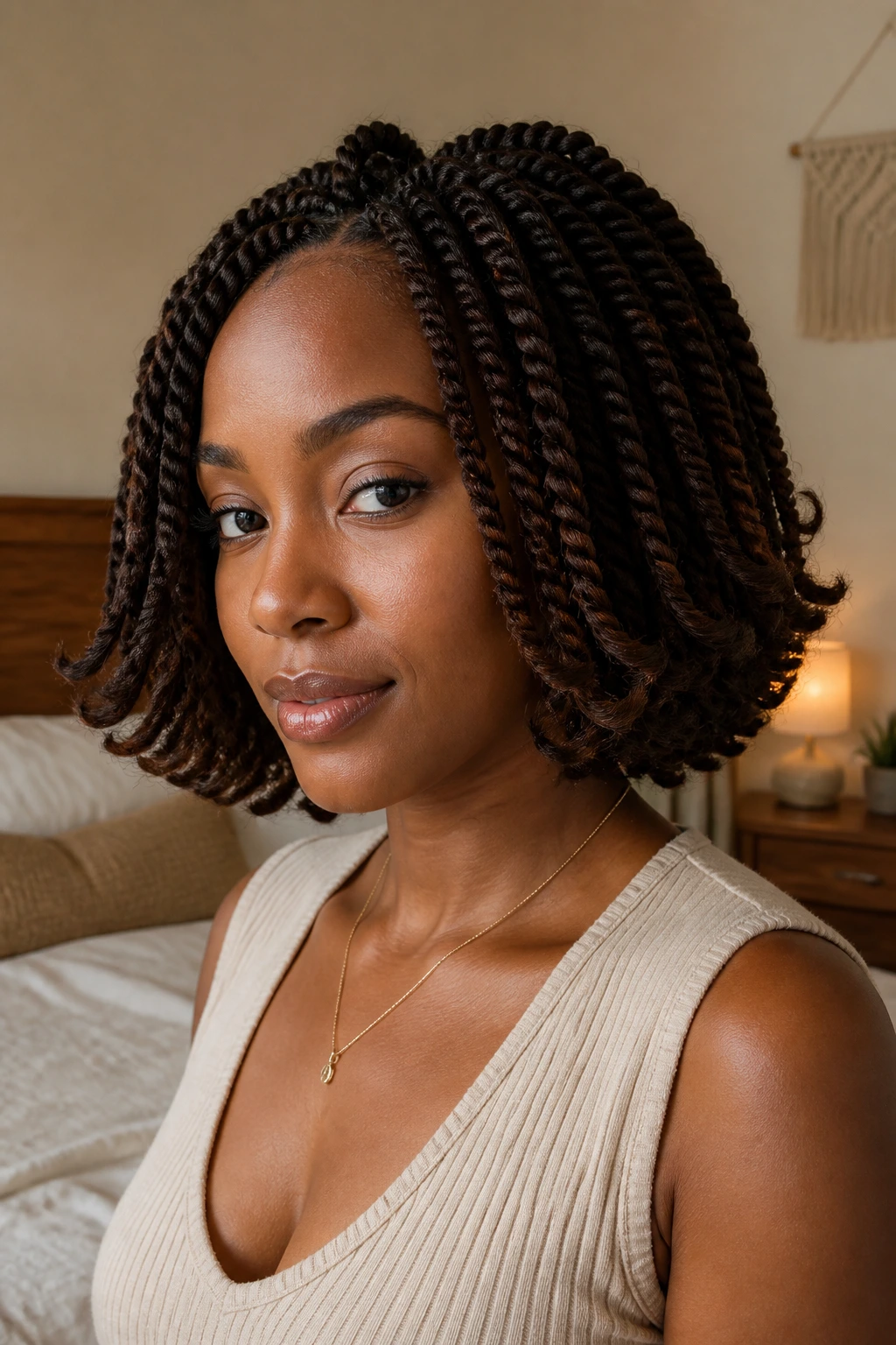 Close-up of a real woman with flipped-end twist bob hairstyle