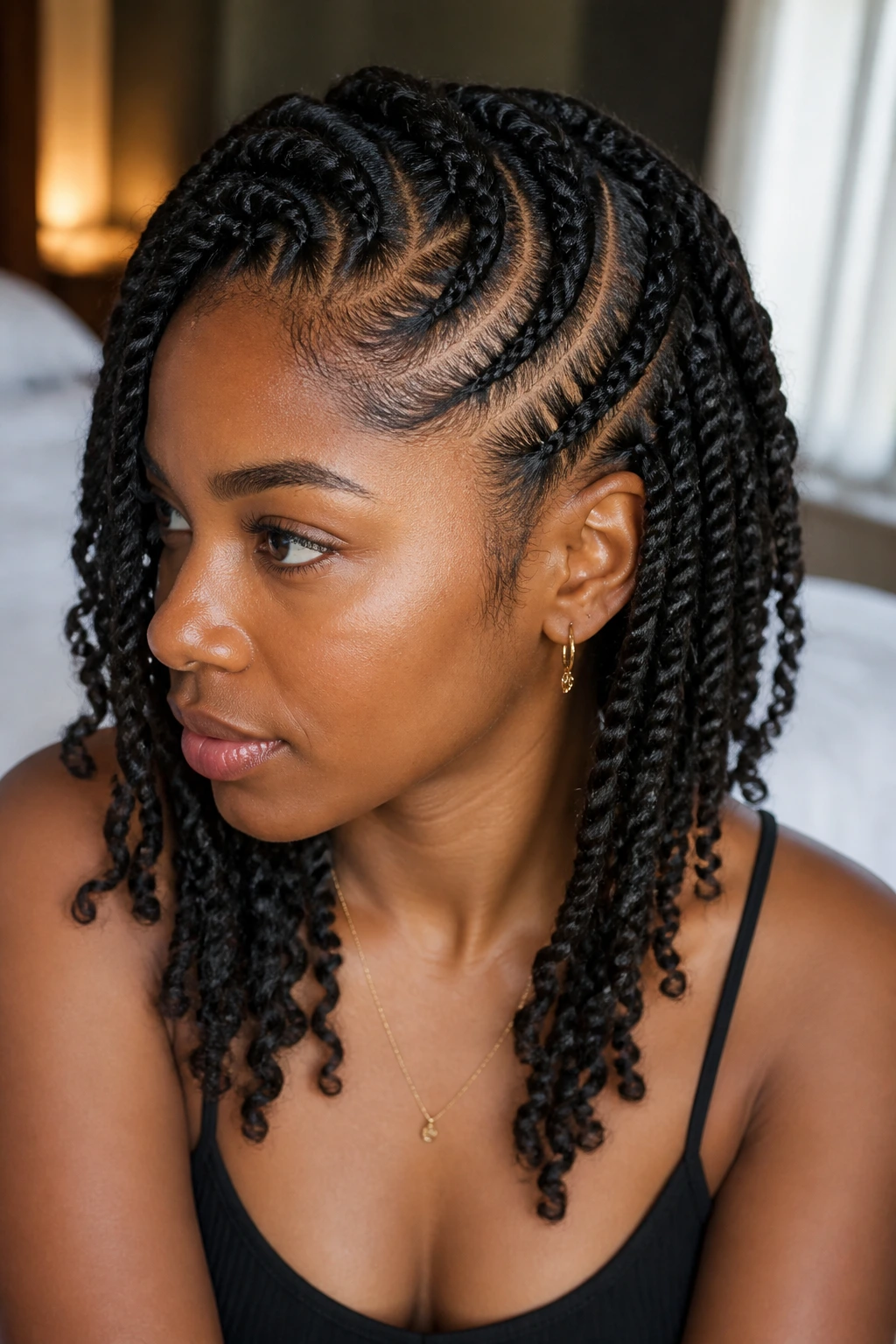 Close-up portrait of a real woman with twist-and-braid mix hairstyle showing alternating textures