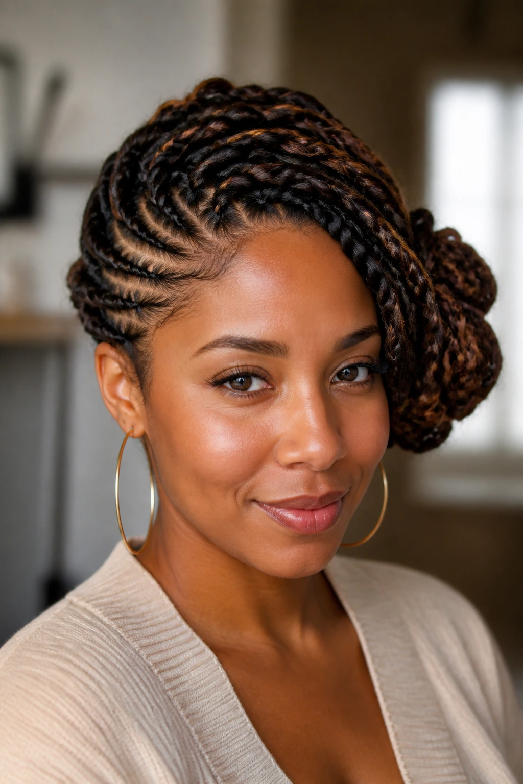 Real woman with a mixed twist-and-braid side updo