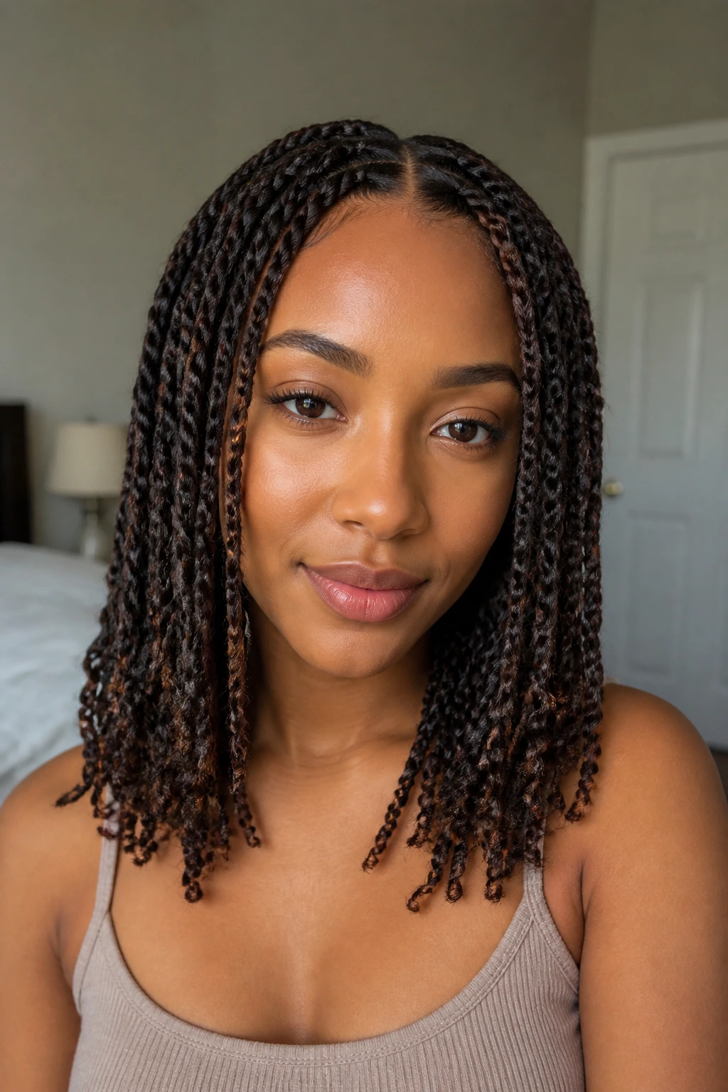 Close-up portrait of a real person with twist braids centered part Havana twists